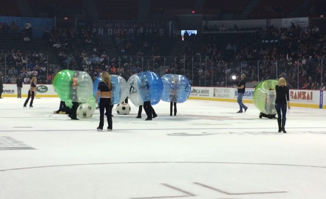 Spring highlight (Behind the Scenes): Gulls Girls vs Ice Crew play bubble on ice and the Bubble Soccer Club Interns Cheer!